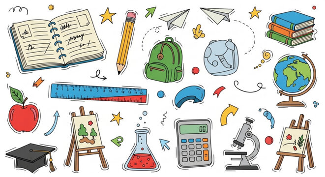Colorful hand drawn doodle education pack with school supplies and learning tools on white background