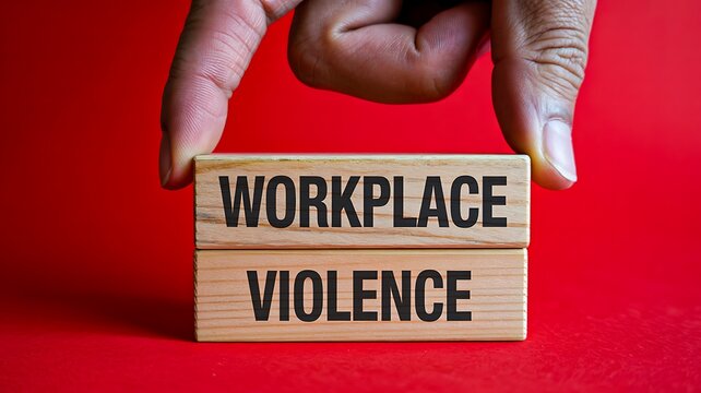 Workplace violence concept with wooden blocks on red background representing social issue awareness