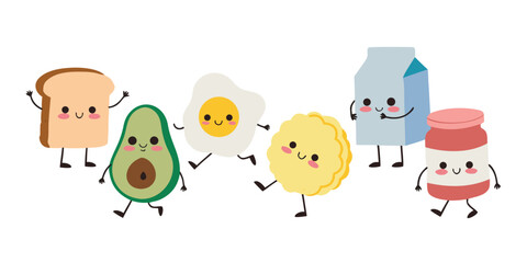 Fototapeta premium Cute and cheerful breakfast food characters smiling and jumping on white background