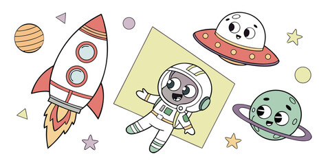 Cute space characters astronaut rocket planets UFOs and stars flying in galaxy © Sadhin07
