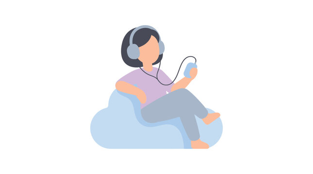 Person with headset sitting on a cloud using a smartphone in a minimalist illustration.