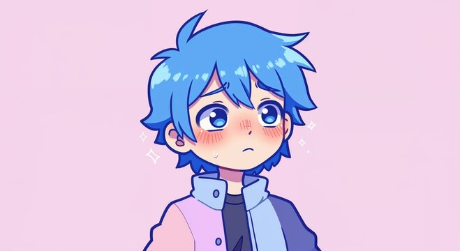 Embarrassed Anime Boy: A young anime boy with bright blue hair and large, expressive eyes blushes deeply against a soft pink background, conveying a sense of shy embarrassment.