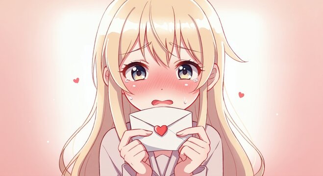 Blushing with Affection: A young woman with long blonde hair clutches a love letter to her chest, her cheeks flushed with shyness and emotion as delicate pink hearts float around her.