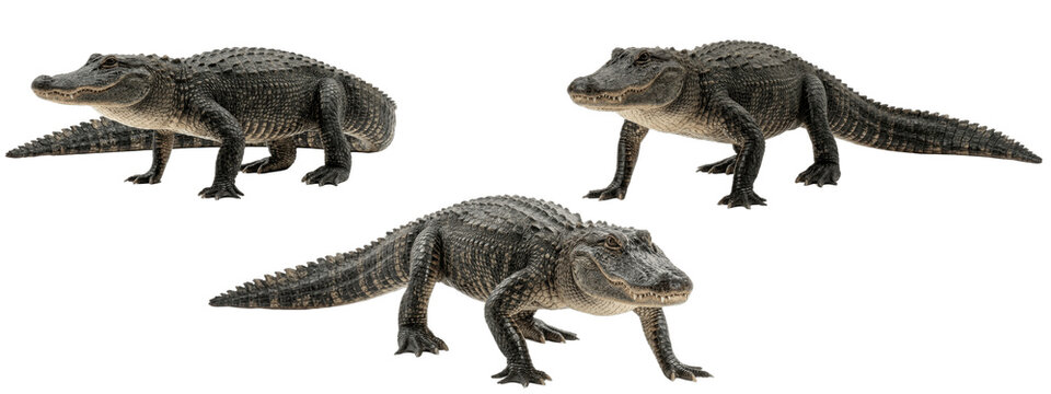 Three alligators walking forward in different poses, dark armored reptiles on white background, displaying powerful tails, stout legs and long toothy jaws

