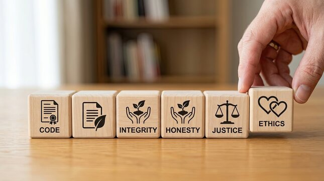 Wooden cubes arranged to represent core business ethics principles code integrity honesty justice and ethics with a hand placing the final cube symbolizing commitment and ethical decision making