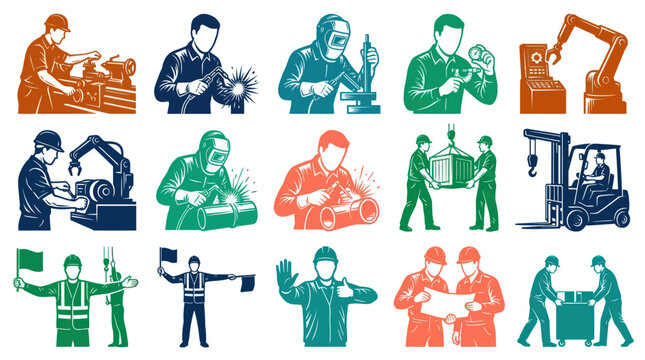 Industrial and Manufacturing Worker Professions Duotone Graphic Vector Illustration Set