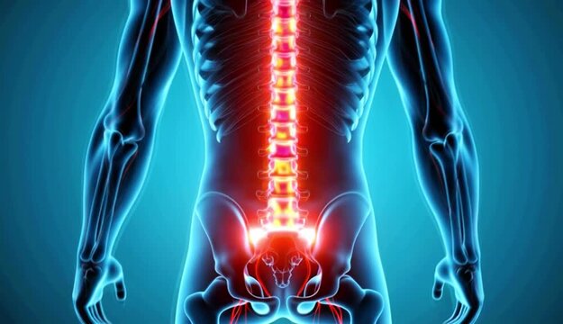 A medical video illustration of a human skeleton with a glowing spine