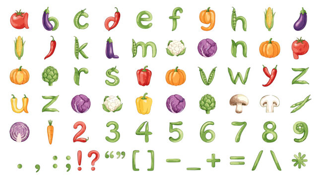 Colorful fruit and vegetable alphabet set with playful letters, numbers and punctuation made from fresh food for kids learning and education