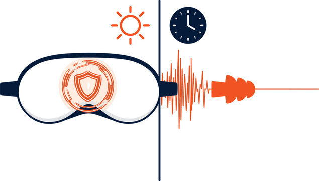 Sleep Mask and Earplug Protection Vector Infographic Diagram Showing Light Blocking and Noise Reduction for Better Rest and Insomnia Relief