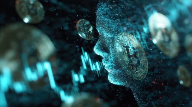 Crypto uptrend visualization close up focus on copy space luminous digital color mix Double exposure silhouette with blockchain energy flow.