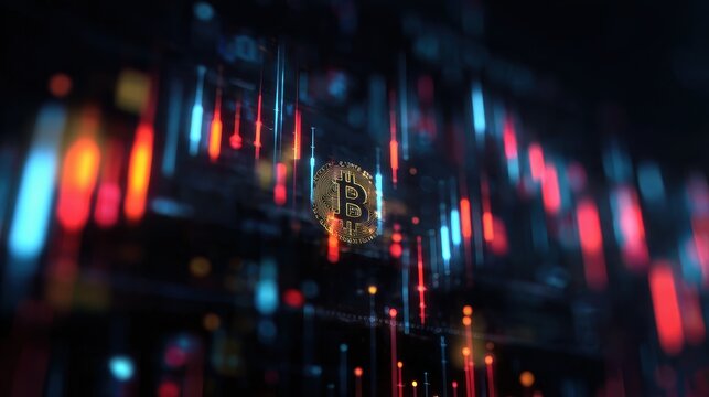 Crypto uptrend visualization close up focus on copy space luminous digital color mix Double exposure silhouette with blockchain energy flow.