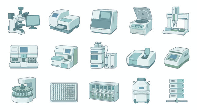 Medical Lab Equipment Vector Illustration Set. Scientific Research and Diagnostic Instruments Line Art Icons.