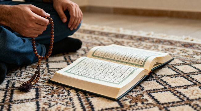 Open Quran on wooden rehal with prayer beads nearby