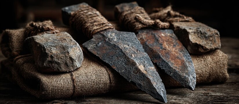 Ancient stone tools with wooden handles and stone blades, resting on fabric