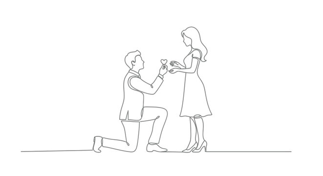 Continuous line art drawing of a man kneeling and proposing to a woman with marriage, proposal