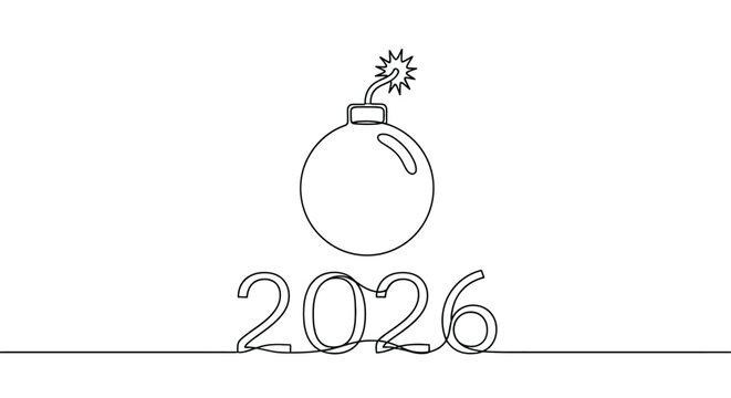 Continuous line illustration of exploding bomb with 2026 text explosion continuous minimalist