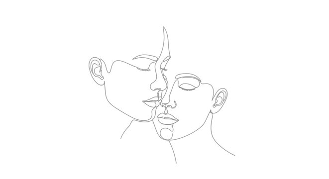 Abstract one line drawing of two faces in embrace with line art single line connection