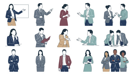 Fototapeta premium Business Meeting Icon Set: Diverse Professionals in Flat Line Art Style