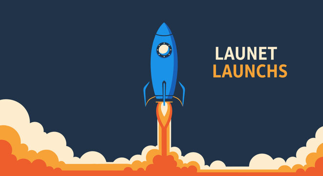 Blue rocket launching into dark blue sky with orange and white clouds, LAUNET LAUNCHS text