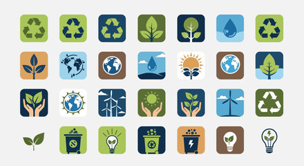 Fototapeta premium Eco Icons Set: Recycling, Nature, Earth, Energy, Water & Wind Power