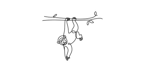Minimalist one line drawing of a monkey hanging from a branch Vector, illustration © Badhon_Designer