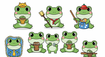 Obraz premium Cute Pixel Art Frogs Collection: Kawaii Characters with Accessories