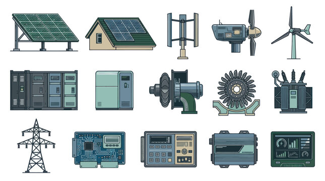 Renewable Energy Technology Icons Set - Solar, Wind, Hydro, Power Equipment, Flat Style