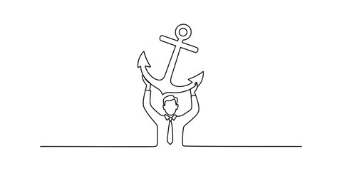 Man in suit holding anchor overhead, single line drawing Vector, illustration © Badhon_Designer