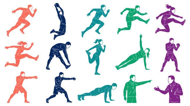 Sports and Fitness Flat Design Silhouette Vector Figures: Diverse Athletes, Exercisers  Coaches