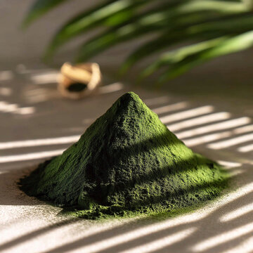 Heap of fine green matcha powder or spirulina on a sandy surface with palm leaf shadows