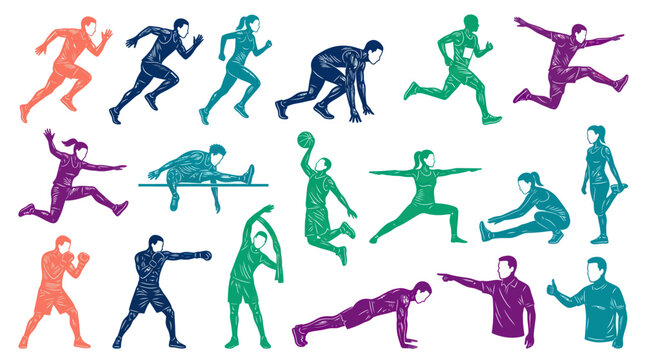 Textured Stylized Vector Illustration of Sports and Fitness Activities People Icons Set