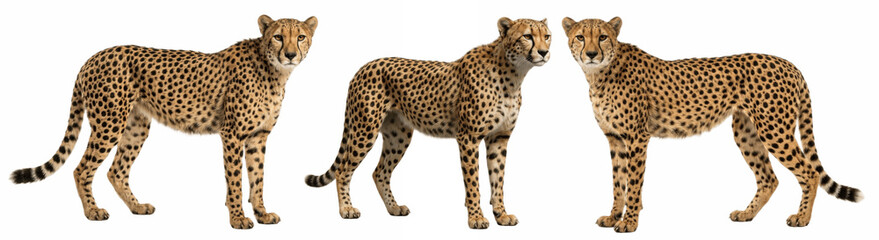 Elegant cheetah trio standing alert on the savanna, sleek spotted coats and slender bodies, embodying speed, grace, and the power of Africa’s fastest land animal   © Alba