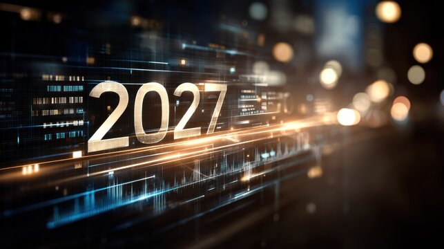 Glowing digits representing the year twenty twenty seven dominate a futuristic digital city scene