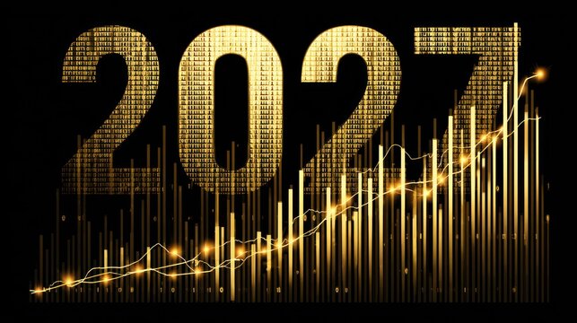 Illuminated golden digital numeric representation for the year two thousand twenty seven overlays a rising bar chart and dynamic trend line against a dark background