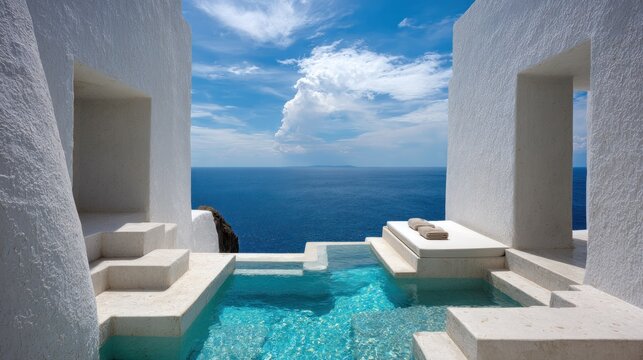 Bright white architecture frames an infinity edge pool overlooking deep blue ocean waters under a sunny sky
