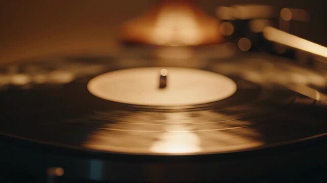 Close-up of a spinning vinyl record on a turntable, capturing the warm, nostalgic glow of analog music playback.