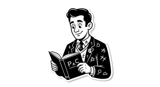 Man in Suit Reading Book with Symbols