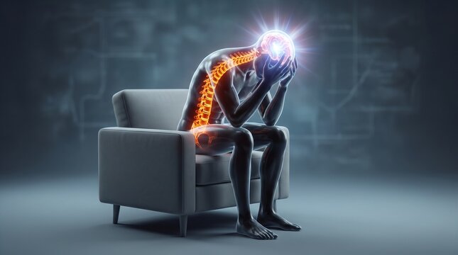 3D Anatomy Illustration Neck and back pain from poor sitting posture