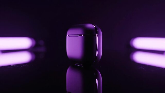 Wireless Earbuds Case with Neon Purple Light Reflection on Dark Background.