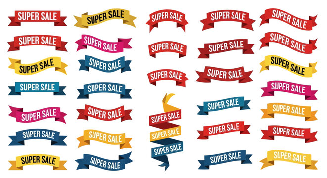 Collection of Super Sale Banners and Ribbons for Shopping and Discounts