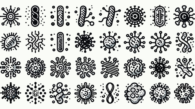 Black and White Virus Bacteria and Microorganism Icon Set Monochrome Outline Doodle Germ Collection