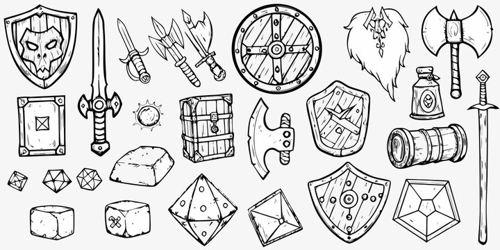 hand drawn medieval weapons shields and game dice set