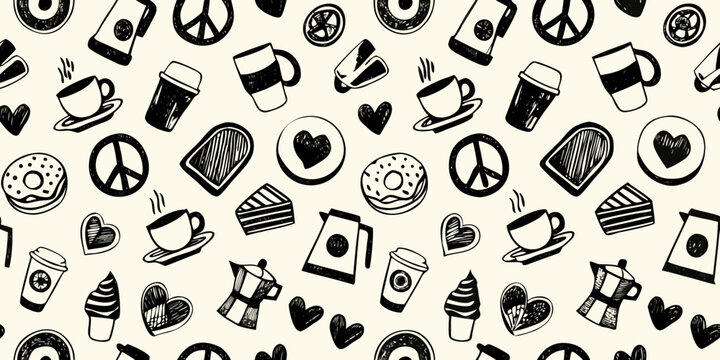 coffee and sweets doodle pattern black and white