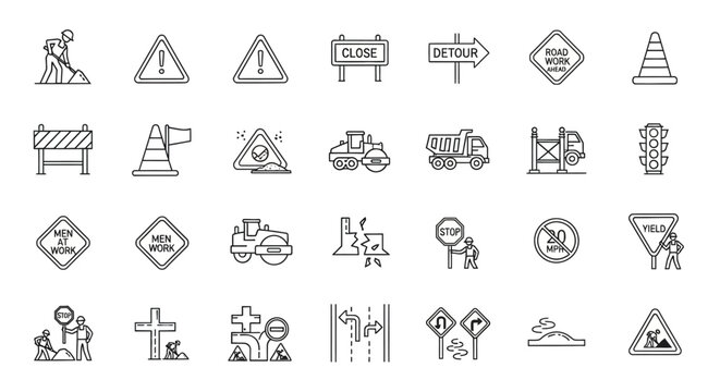 Road Construction Signs and Symbols Vector Icons Set