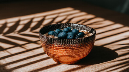 Naklejka premium Healthy breakfast bowl with fresh blueberries and grains in dramatic natural light and shadow
