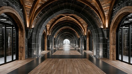 Obraz premium Grand vaulted architectural corridor perspective with historic arches and wooden flooring