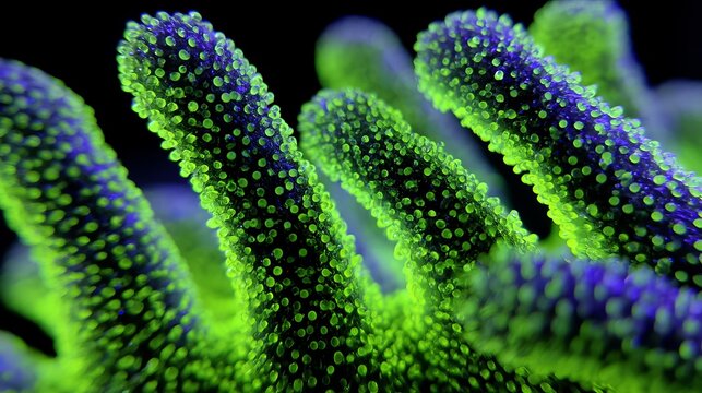 Macro Shot of Fluorescent Green Coral Reef Structure with Deep Purple Accents