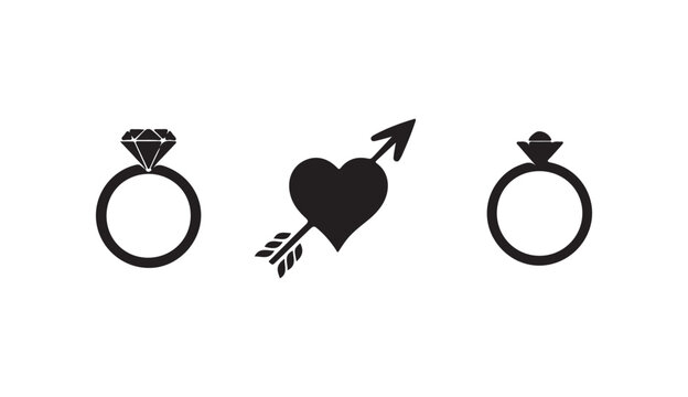 Two black silhouette wedding rings with diamond and heart pierced by arrow vector illustration.