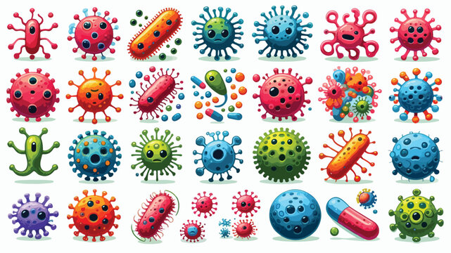 Cute Cartoon Virus, Hanta Virus and Bacteria Characters Collection with Funny Faces Colorful Mascot Illustration Set