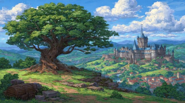 Majestic ancient tree overlooks sprawling green valley with a grand stone citadel and village below